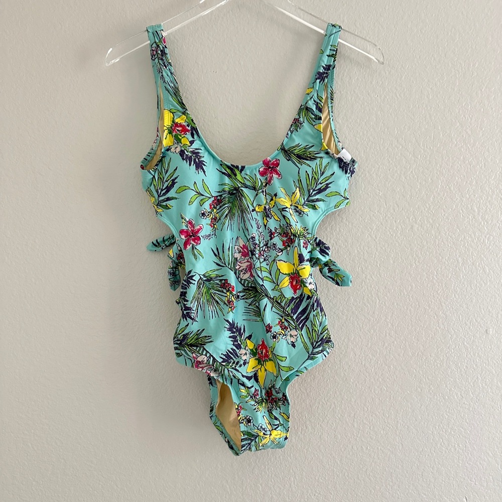 ModCloth One Piece Swimsuit Medium Aqua Blue Floral Side Cutout Tropical Tie